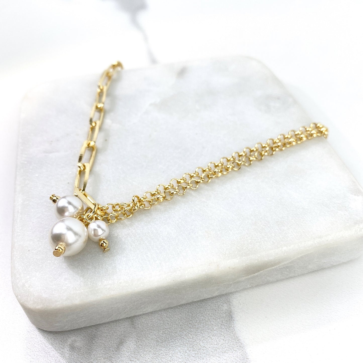 18k Gold Filled Bracelet or Necklace with Paper Clip Chain, Rolo Link Chain, Three White Plastic Simulated Pearls Wholesale Jewelry Supplies