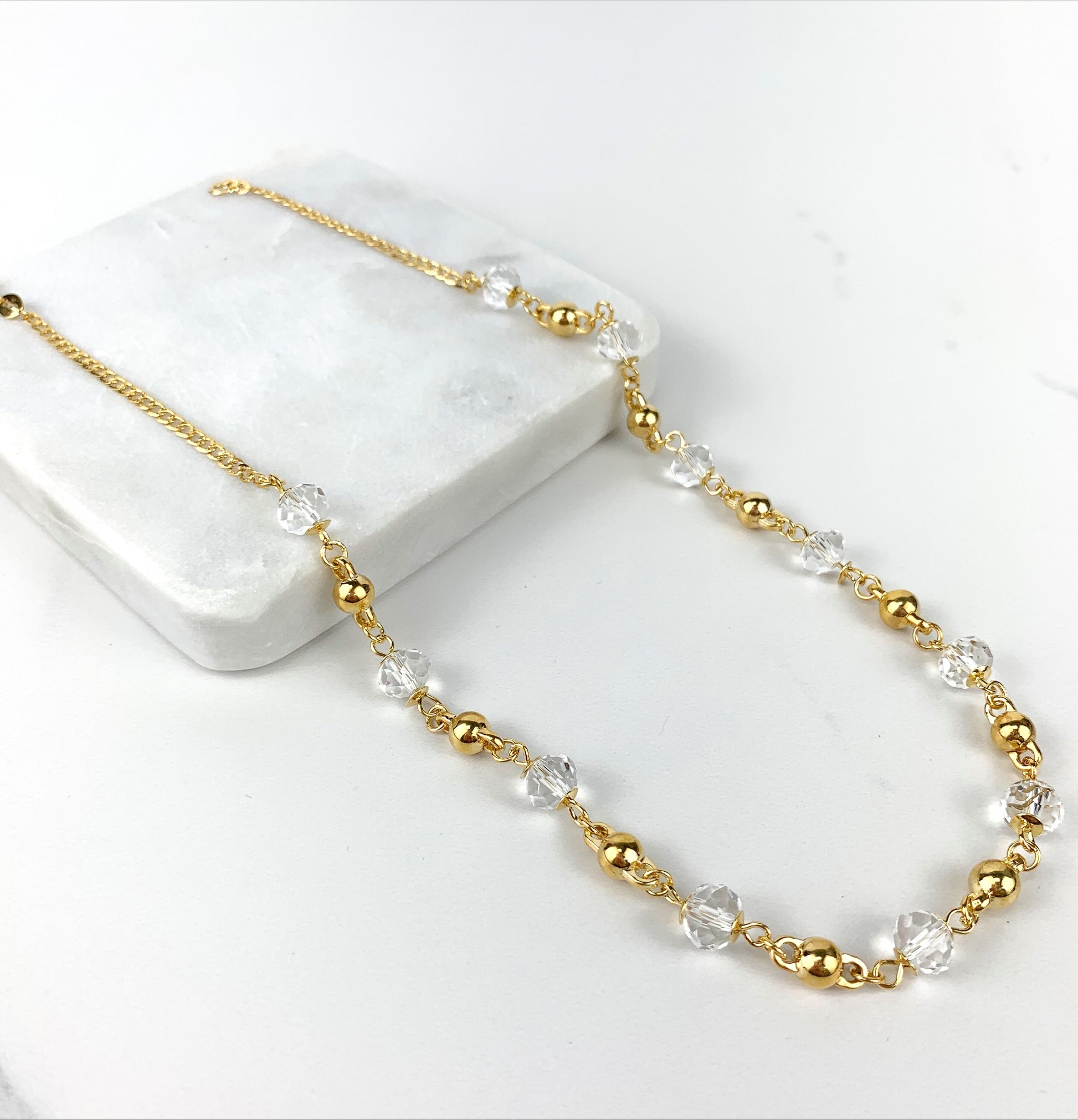 18k Gold Filled Curb Link Chain with Clear Beads and Gold Balls Linked Necklace For Wholesale and Jewelry Supplies