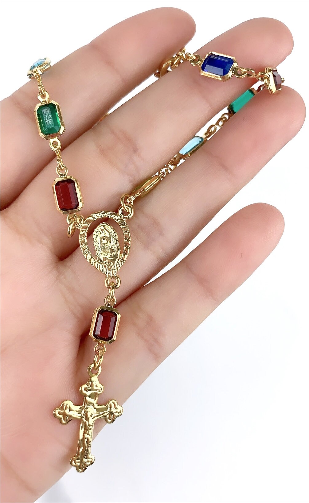 18k Gold Filled, Religious Colored Cubic Crystals with Guadalupe Virgin and Crucifix Bracelet, Wholesale Jewelry Supplies