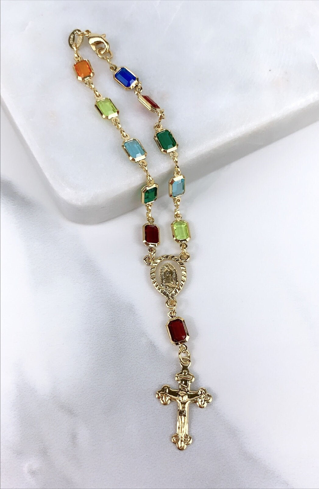 18k Gold Filled, Religious Colored Cubic Crystals with Guadalupe Virgin and Crucifix Bracelet, Wholesale Jewelry Supplies