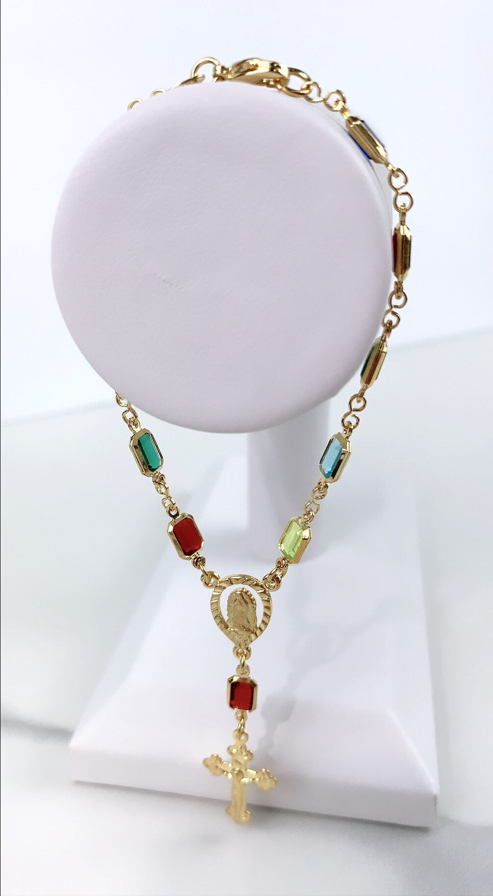 18k Gold Filled, Religious Colored Cubic Crystals with Guadalupe Virgin and Crucifix Bracelet, Wholesale Jewelry Supplies