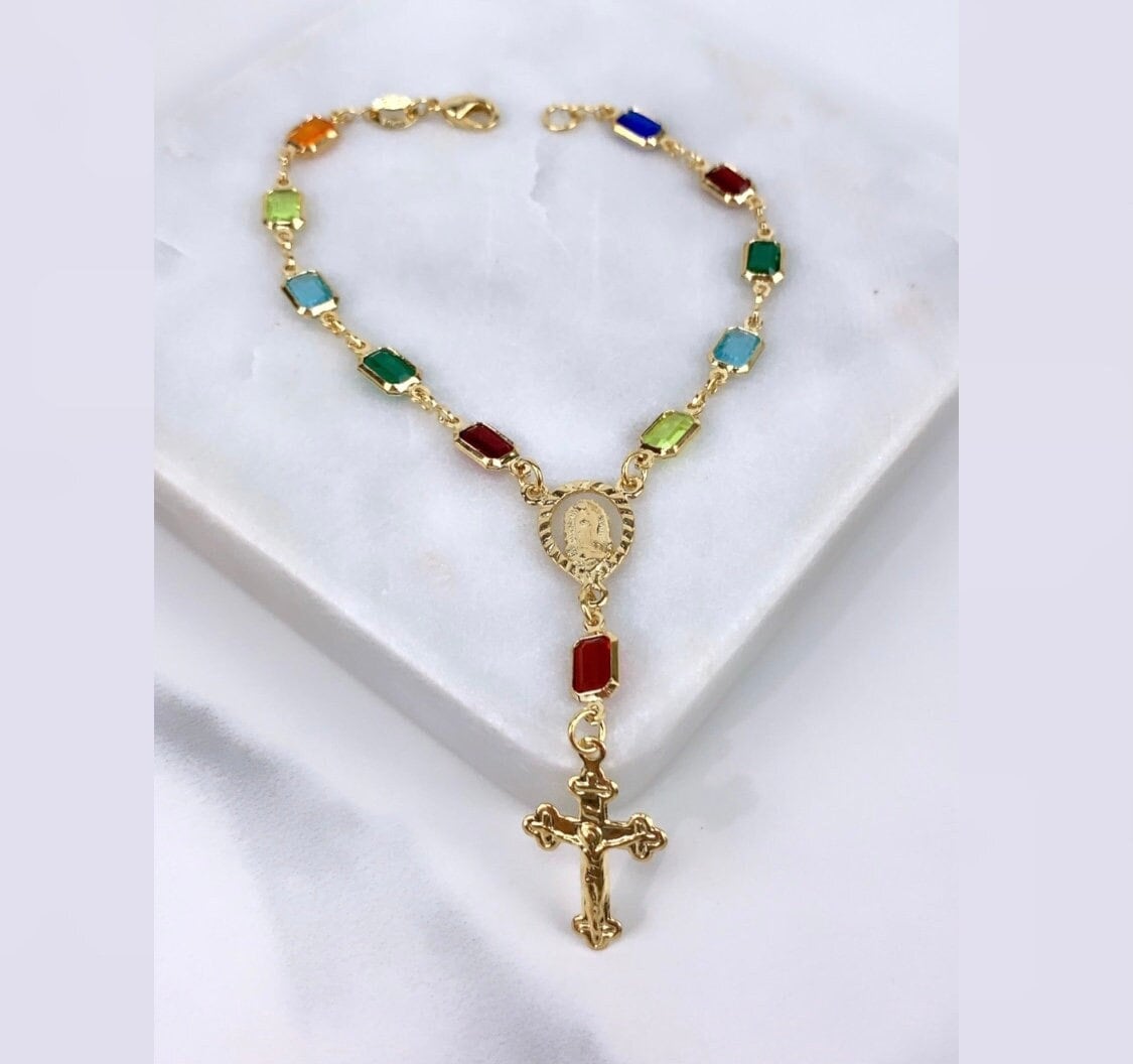 18k Gold Filled, Religious Colored Cubic Crystals with Guadalupe Virgin and Crucifix Bracelet, Wholesale Jewelry Supplies