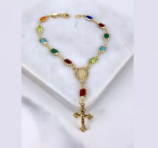 18k Gold Filled, Religious Colored Cubic Crystals with Guadalupe Virgin and Crucifix Bracelet, Wholesale Jewelry Supplies
