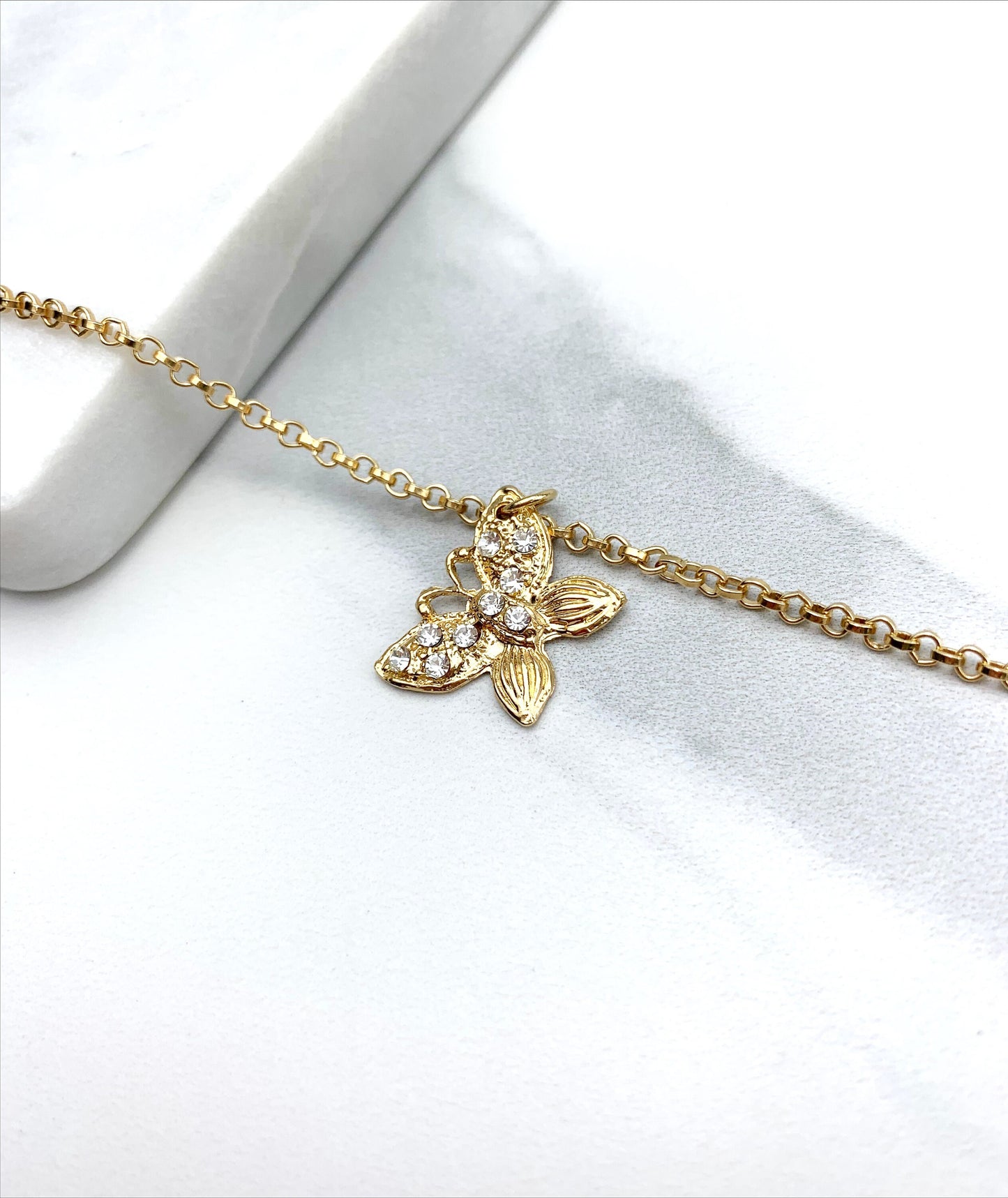 18k Gold Filled 2mm Rolo Chain with Clear Cubic Zirconia Butterfly Shape Design Charm Anklet, Wholesale Jewelry Making Supplies