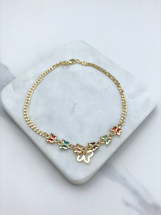 18k Gold Filled Colorful Butterflies and Monarch Cuban Link Chain Anklet Wholesale Jewelry Supplies