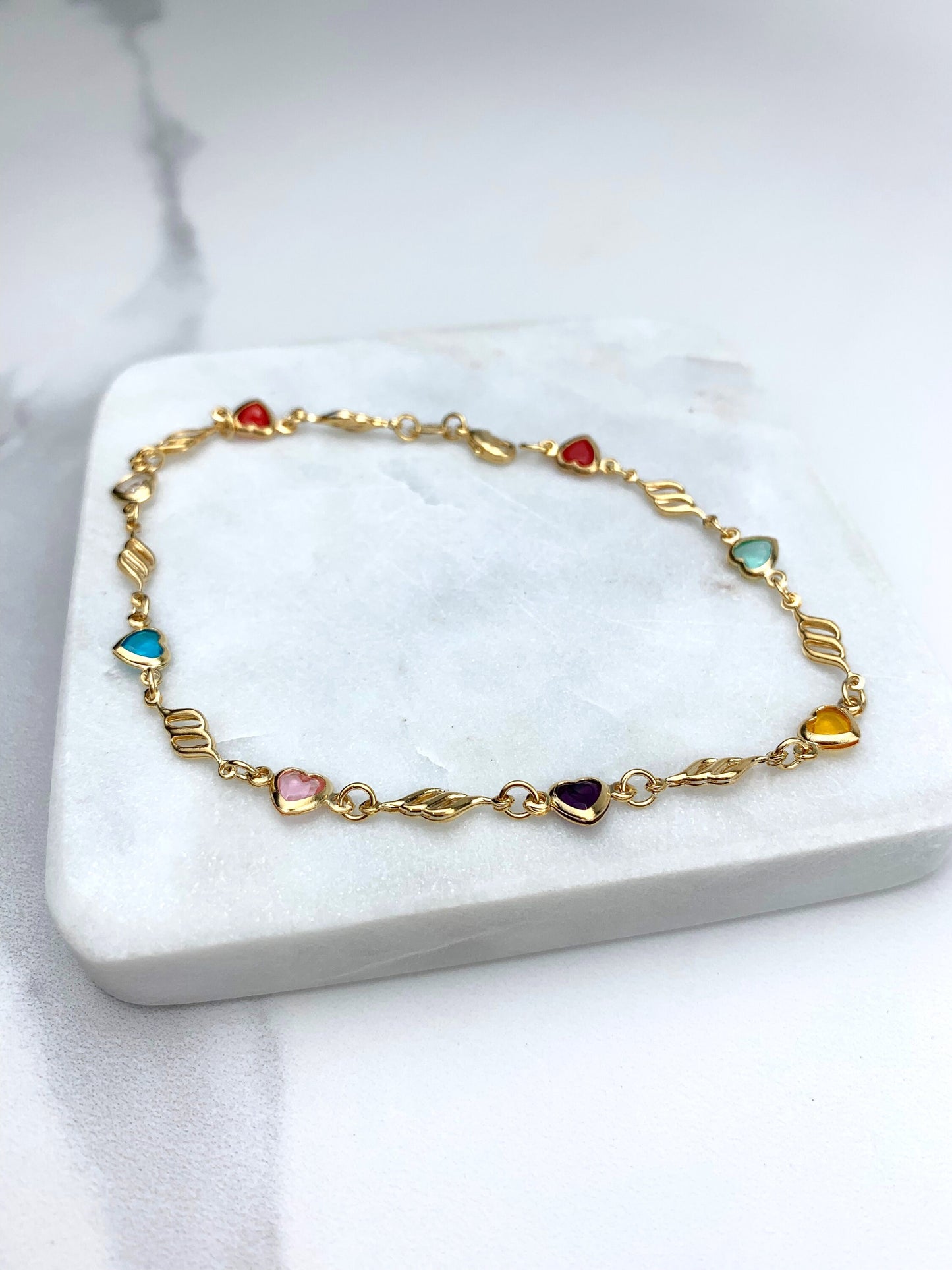 18k Gold Filled Two Leafs Colorful Hearts Anklet For Wholesale and Jewelry Supplies