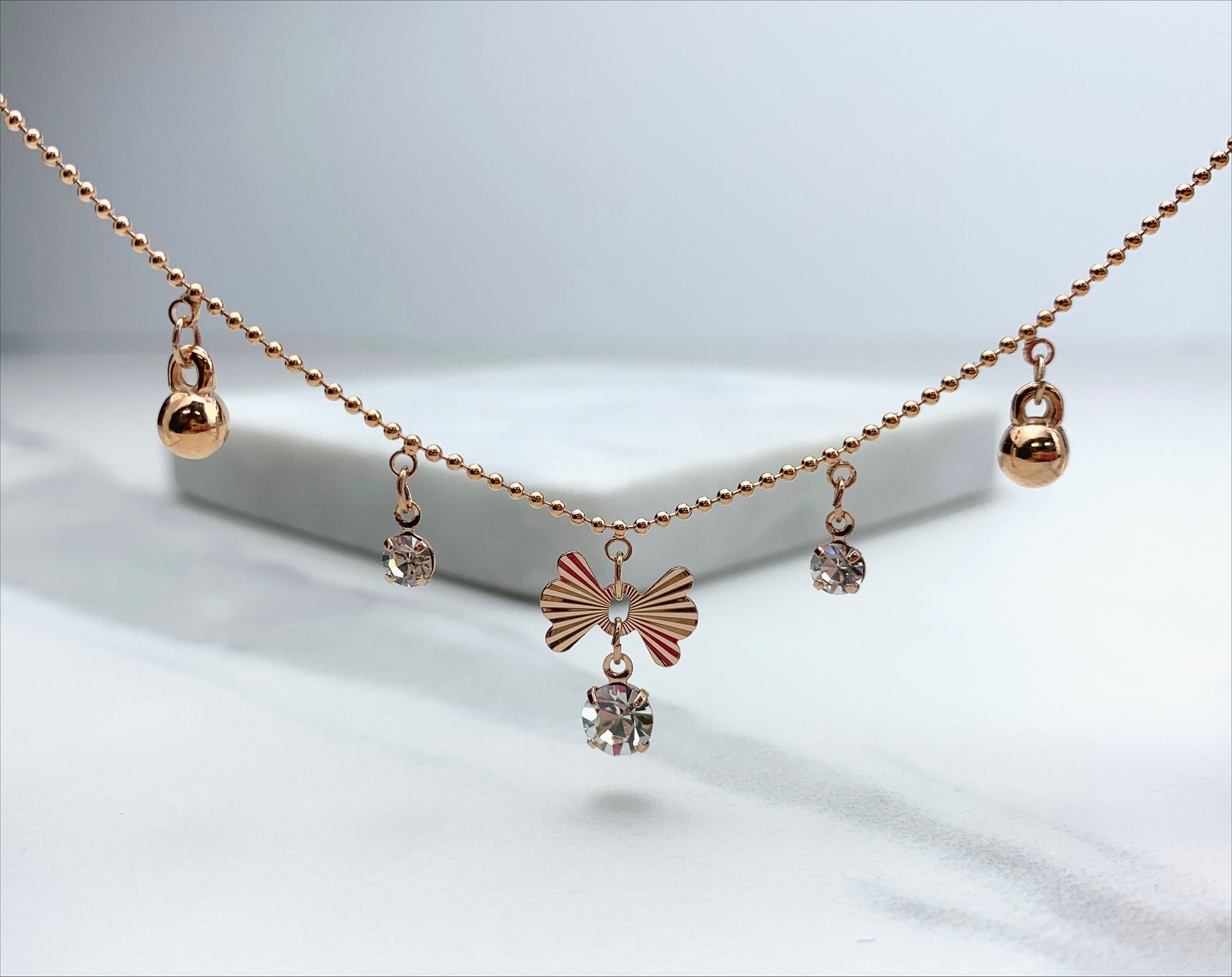 18k Rose Gold Filled Balls Chains Dainty Ribbon with Micro Cubic Zirconia  Anklet For  Wholesale And Jewelry Supplies