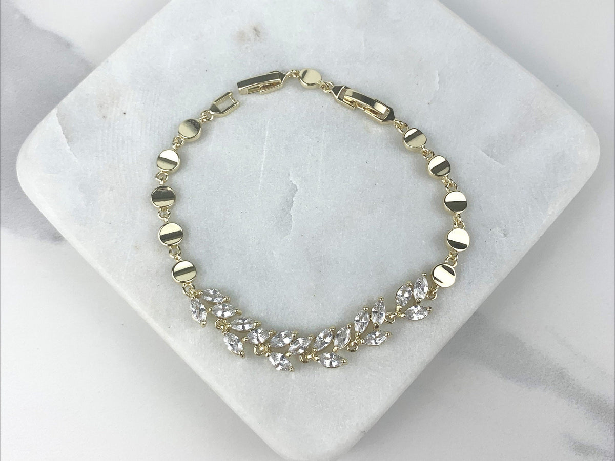 18k Gold Filled Clear Cubic Zirconia Leaves Shape & Gold Circles Linked Bracelet Wholesale Jewelry Making Supplies