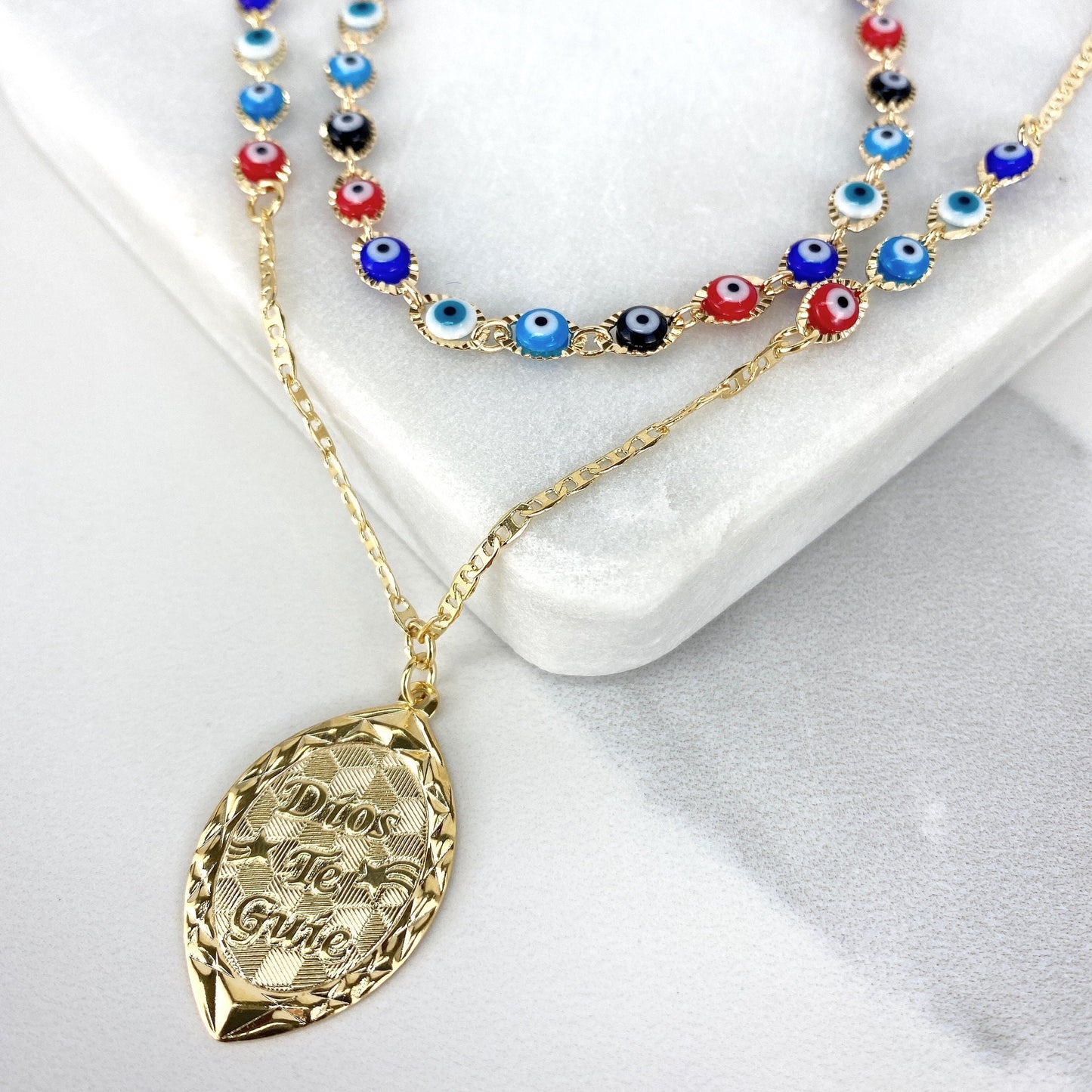 18k Gold Filled Fancy  Greek Eyes, Mariner Link Chain Dios Te Guie Necklace For Wholesale and Jewelry Supplies
