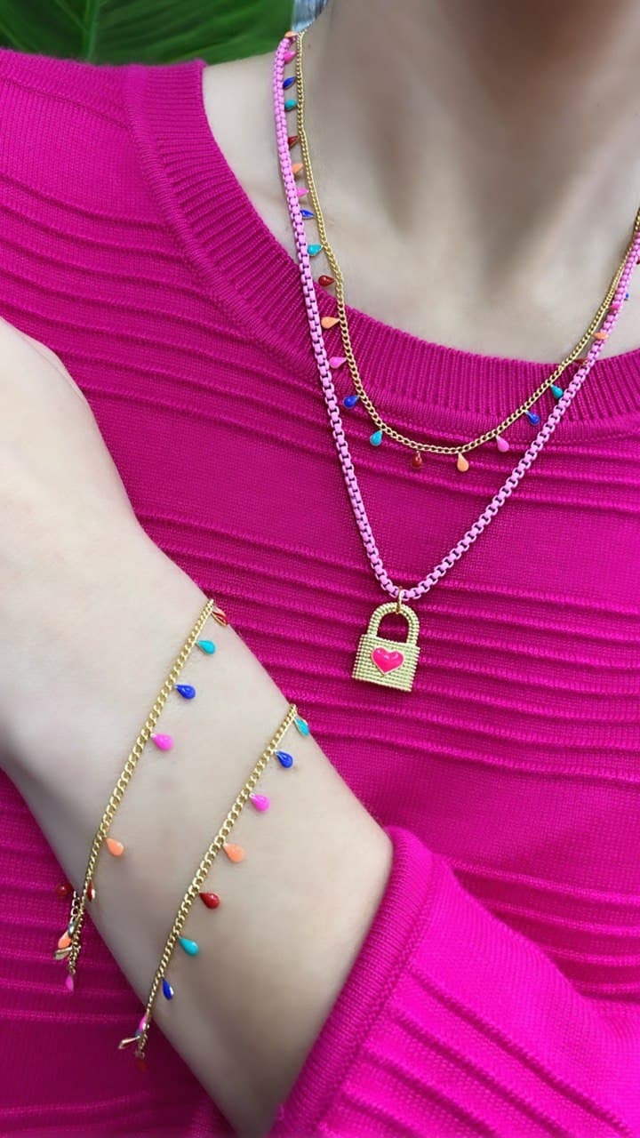 18k Gold Filled Curb Link Chain Featuring Enamel Multicolored Teardrop Fringe Necklace, Bracelet or Anklet Wholesale Jewelry Supplies