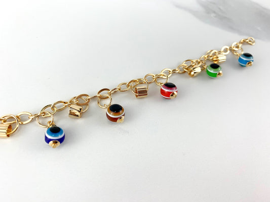 18k Gold Filled Rolo Belcher Chain with Multicolor Evil Eye Charms, 7.5 Inches Length Bracelet for Wholesale and Jewelry Supplies