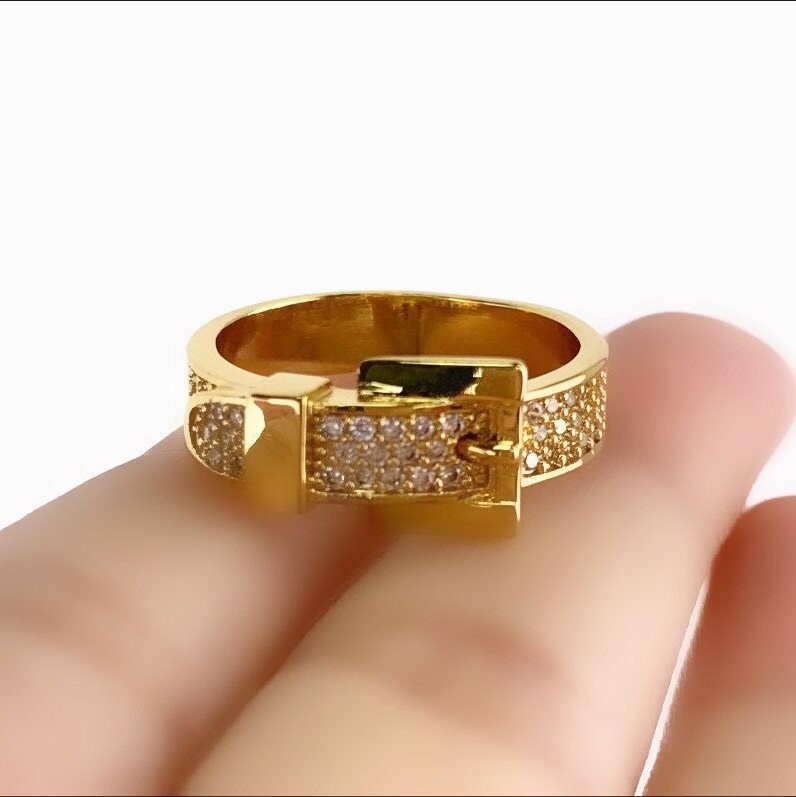 18k Gold Filled Lighter Belt Buckle Ring Featuring Cubic Zirconia on Top Wholesale Jewelry Supplies
