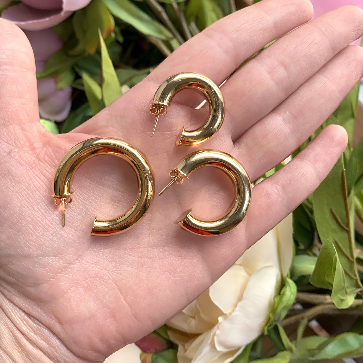 18k Gold Filled Donut Tubular Open Hoop Earrings 35mm, 30mm, 25mm, C-Hoops Push Back Closure Wholesale Jewelry Supplies