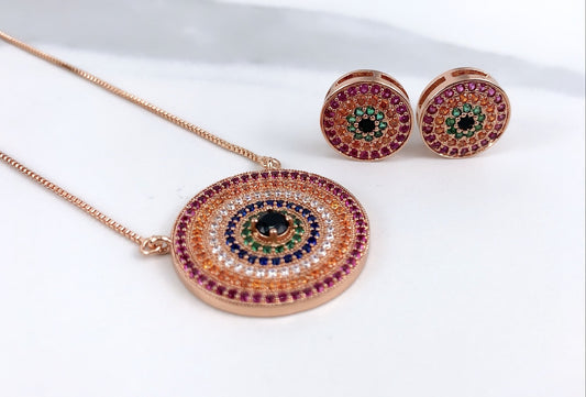 18k Rose Gold Filled Greek Eyes With Colored  Zirconia Circle Charm Necklace and Earrings Wholesale Jewelry Supplies