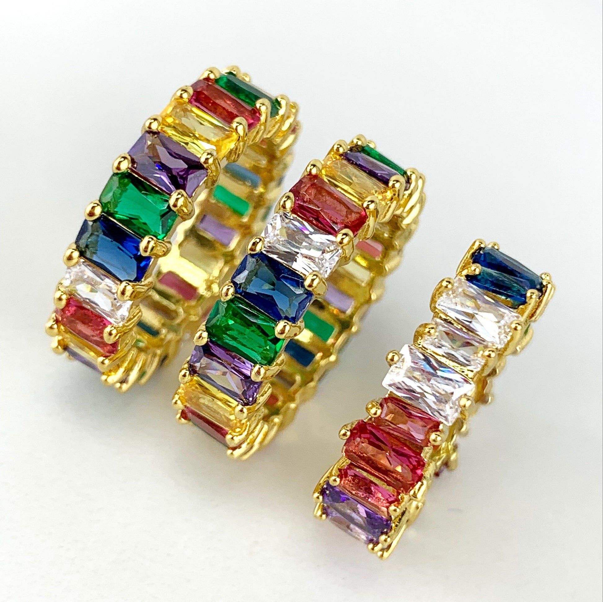 18k Gold Filled Cubic Zirconia Rainbow Ring Featuring Baguette Settings For Wholesale and Jewelry Supplies