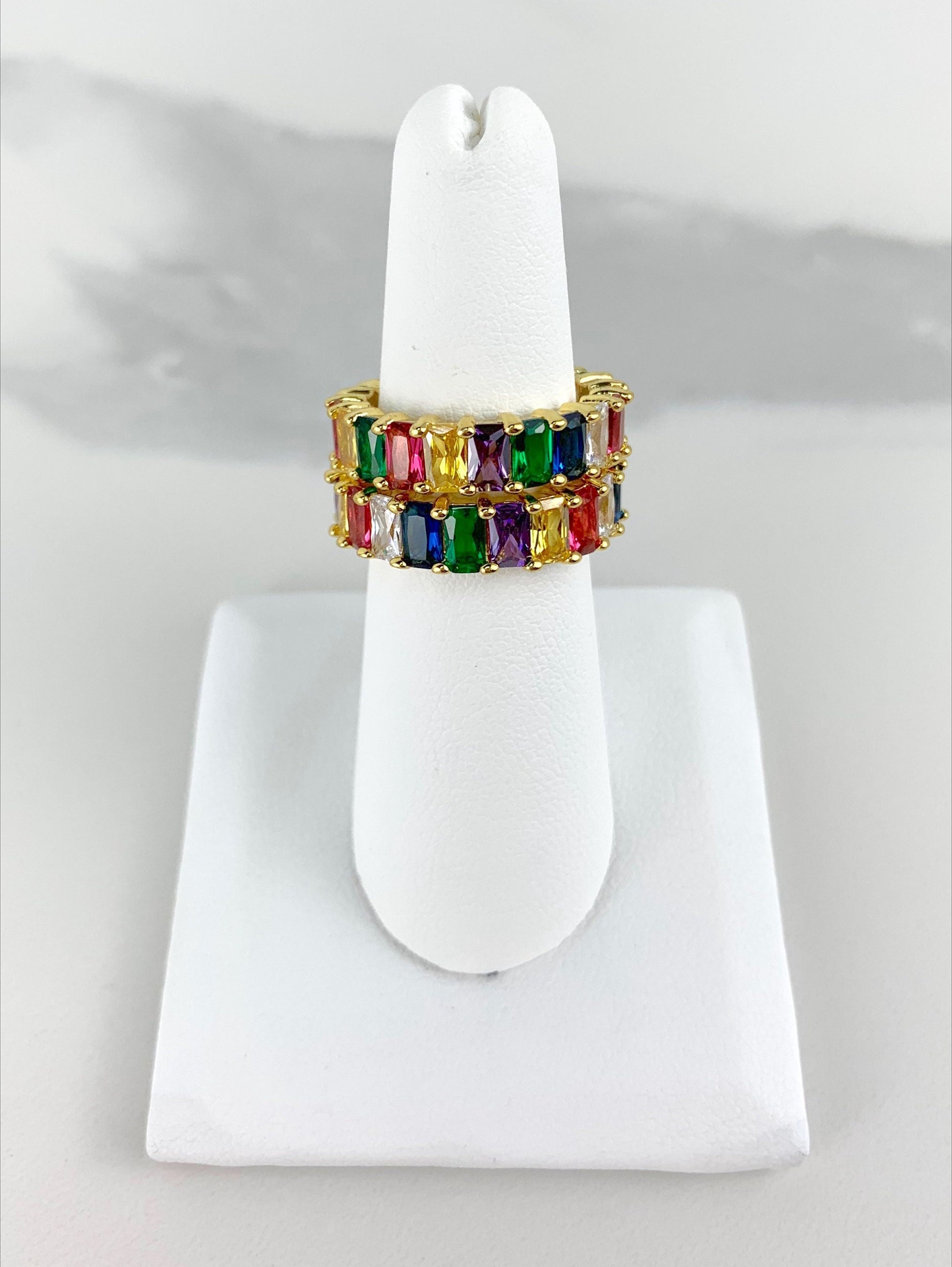 18k Gold Filled Cubic Zirconia Rainbow Ring Featuring Baguette Settings For Wholesale and Jewelry Supplies
