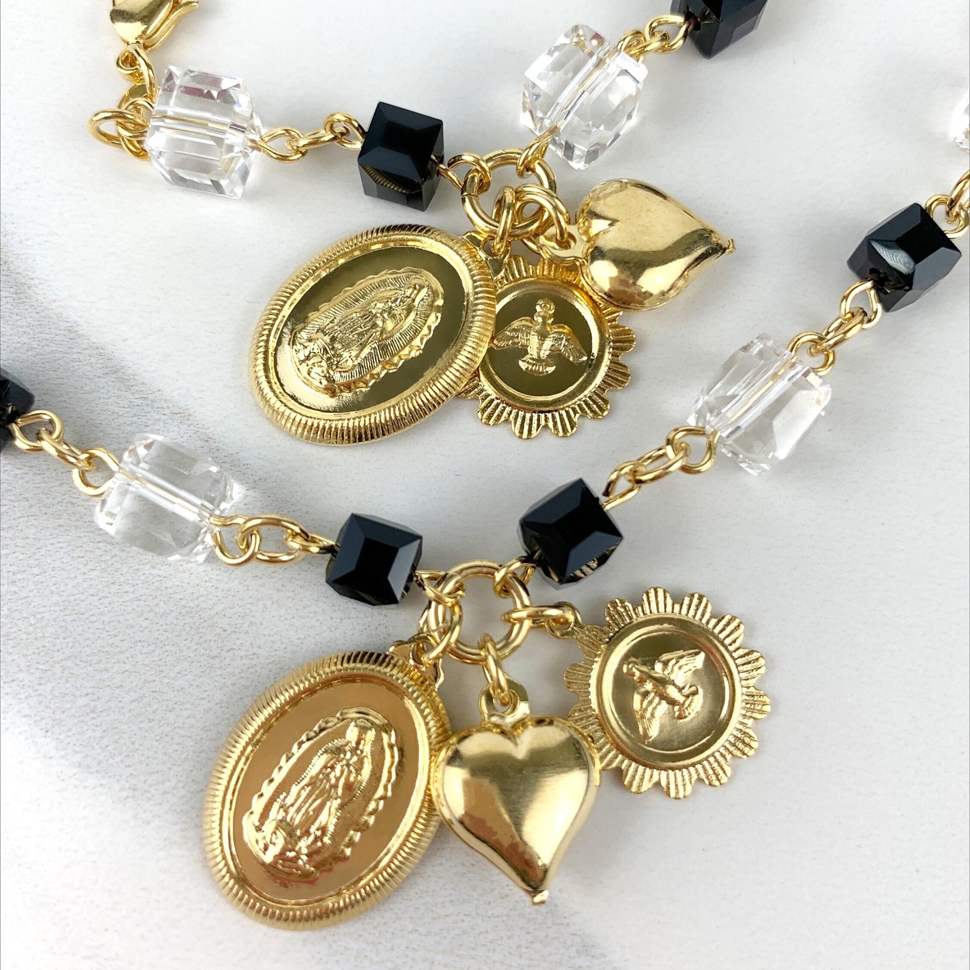 18k Gold Filled Black and Clear Beads Guadalupe Virgin, Dove of Peace, Puffy Heart Charms Necklace and Bracelet Set Wholesale Jewelry
