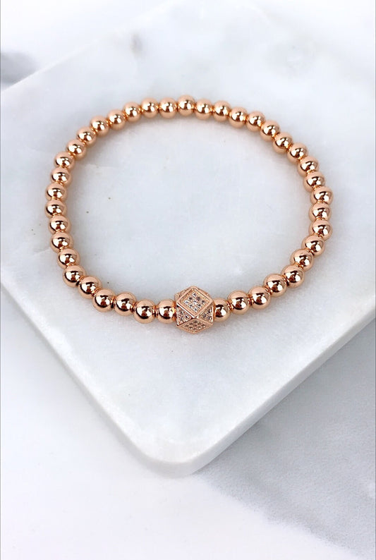 18k Rose Gold Filled Geometric Shape Charm featuring with Clear Cubic Zirconia, Beaded Bracelet, Wholesale Jewelry Making Supplies