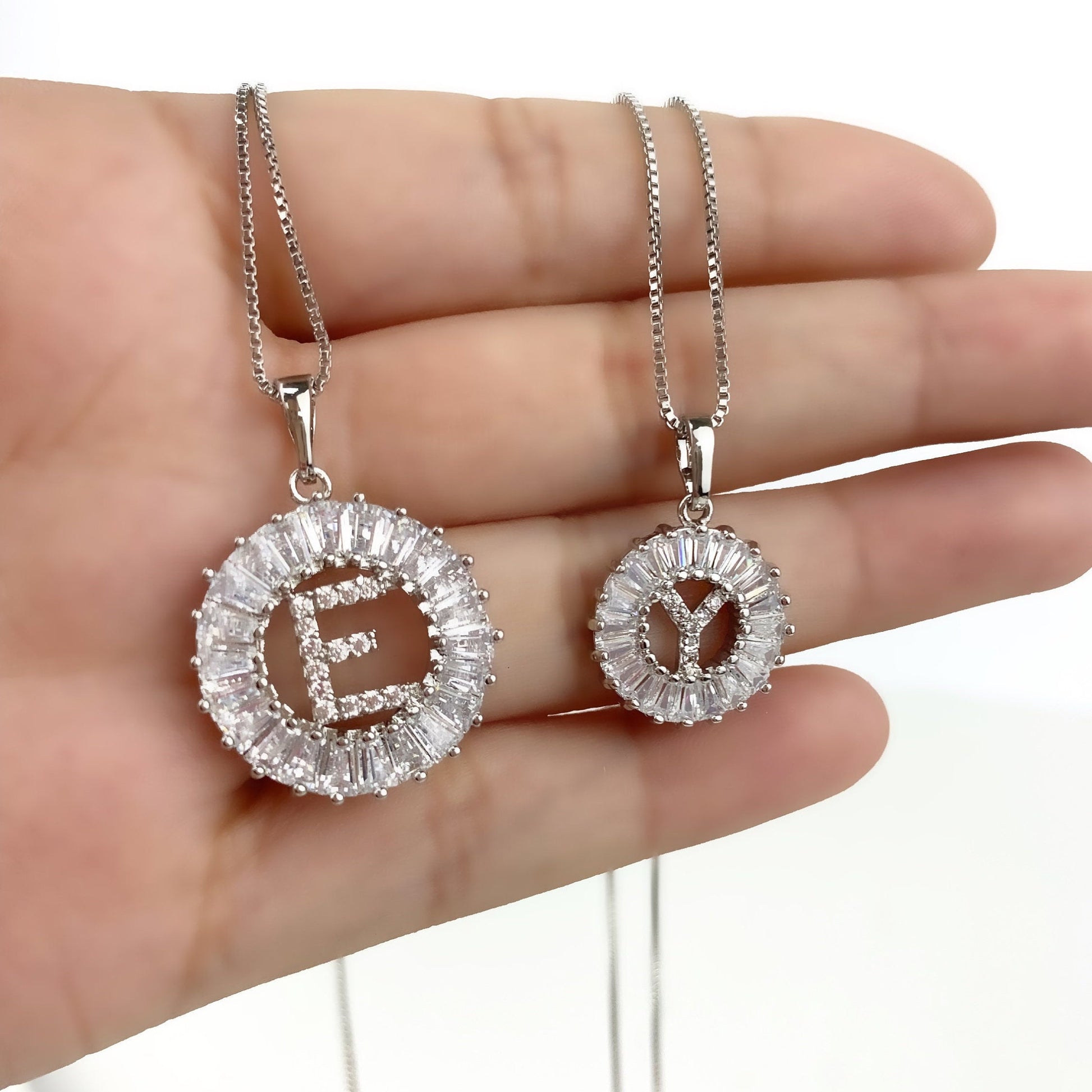 18k Gold Filled Fancy Small Initials Featuring Baguette Cubic Zirconia Pendant In A Box Chain Necklace  Wholesale Jewelry Supplies - Silver