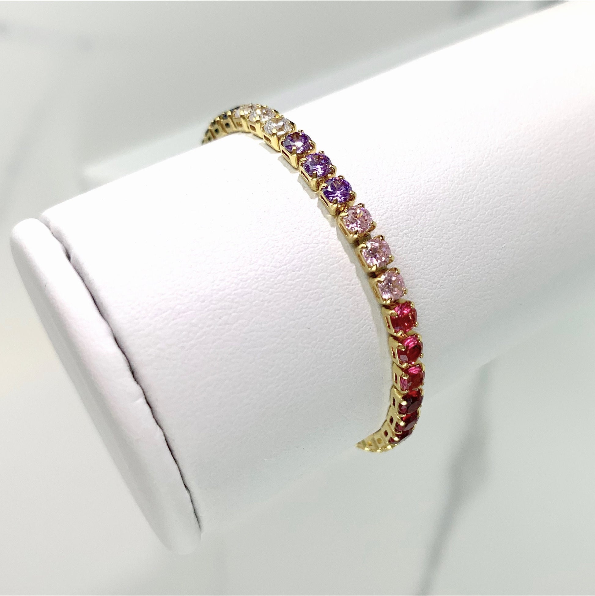 18k Gold Filled Cubic Zirconia Rainbow Tenis Bracelet Featuring Slide Clasp Closure For Wholesale and Jewelry Supplies