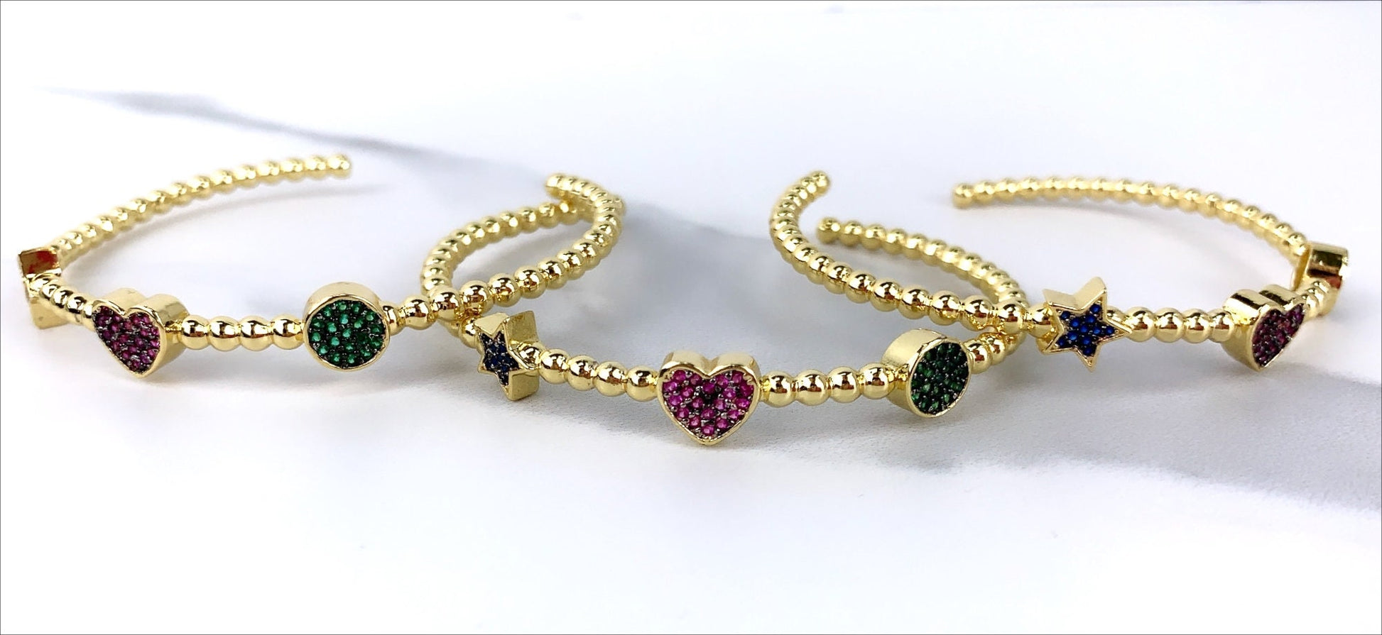 18k Gold Filled Cubic Zirconia Pink Heart, Blue Star, Green Circle, Beads Cuff Bracelet for Wholesale Jewelry Supplies