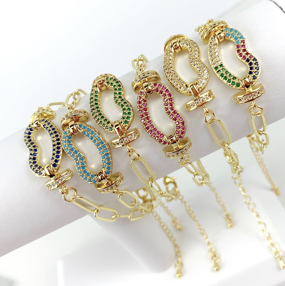 18k Gold Filled Paperclip Link Colored Lips Kiss Micro Pave Cubic Zirconia Bracelet with Extender  Wholesale Jewelry Supplies