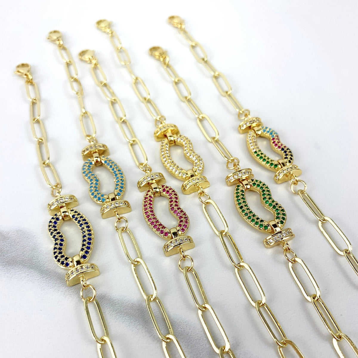 18k Gold Filled Paperclip Link Colored Lips Kiss Micro Pave Cubic Zirconia Bracelet with Extender  Wholesale Jewelry Supplies