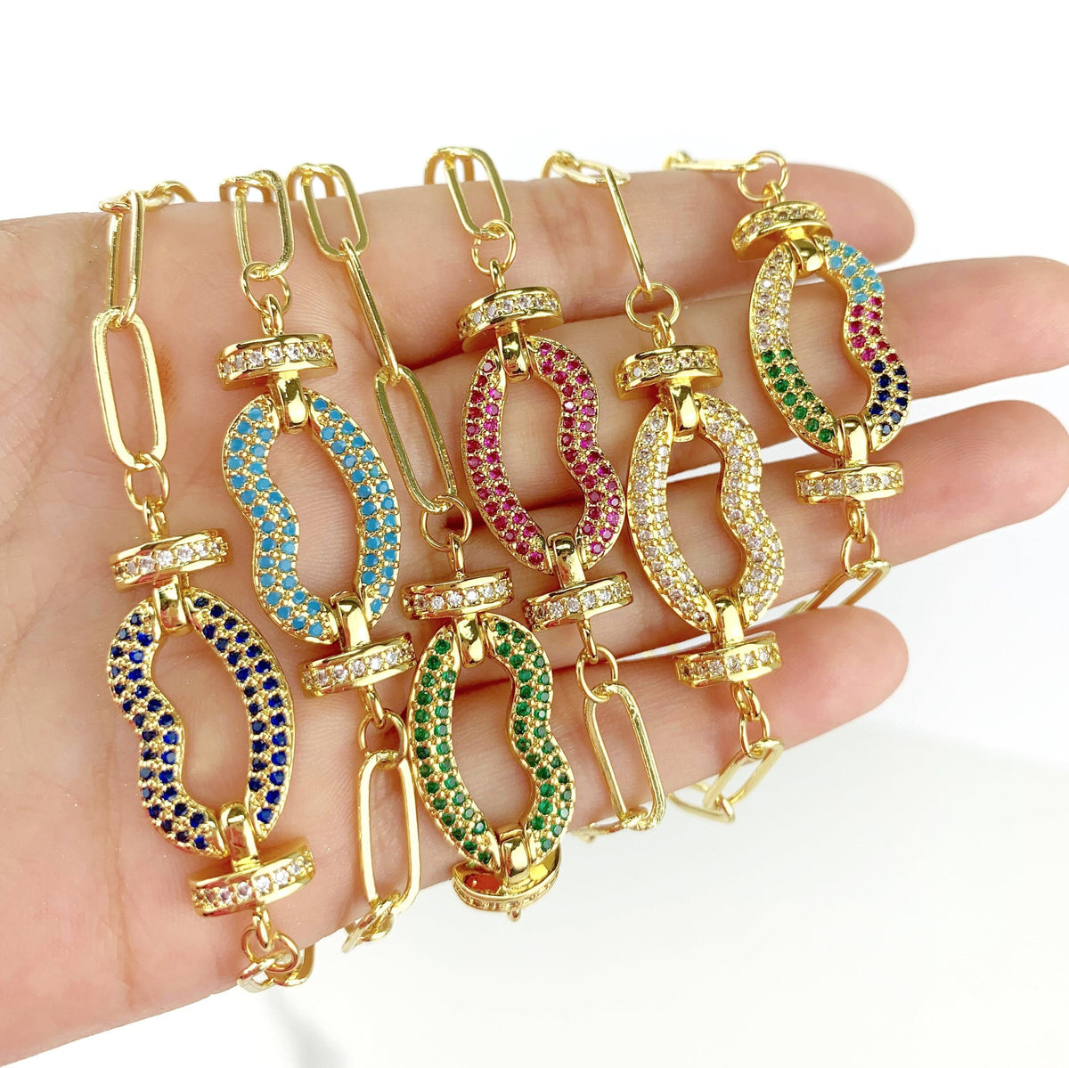 18k Gold Filled Paperclip Link Colored Lips Kiss Micro Pave Cubic Zirconia Bracelet with Extender  Wholesale Jewelry Supplies