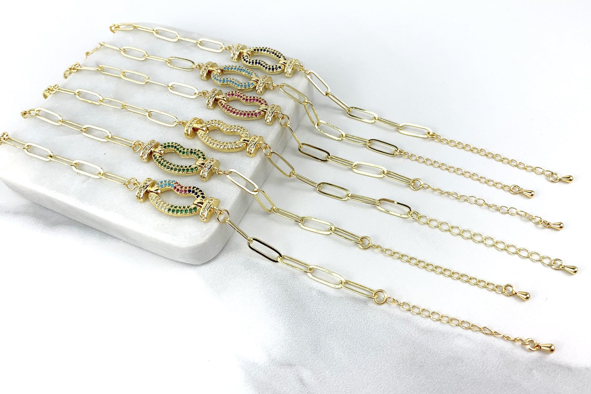 18k Gold Filled Paperclip Link Colored Lips Kiss Micro Pave Cubic Zirconia Bracelet with Extender  Wholesale Jewelry Supplies