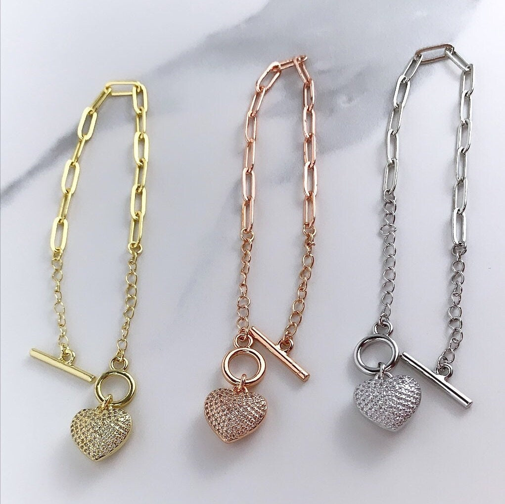 18k Gold Filled Micro Pave Cubic Zirconia Heart Charm Necklace & Bracelet Set, Gold, Silver or Rose Gold  Wholesale Jewelry Supplies