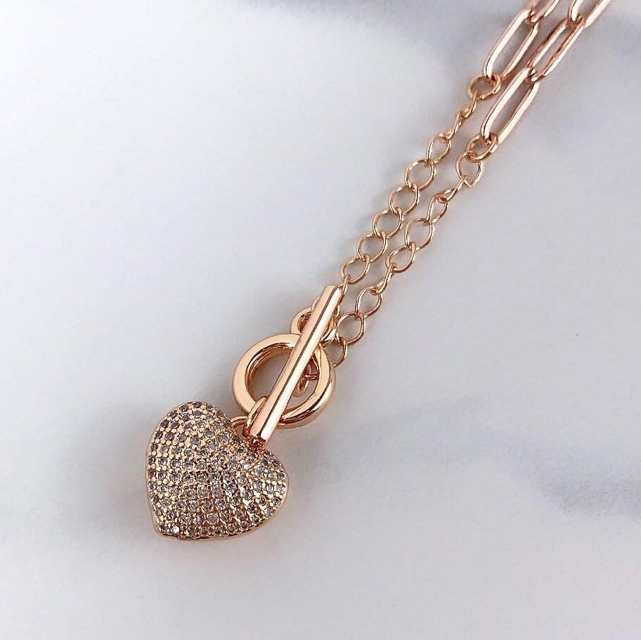 18k Rose Gold Filled Micro Pave Cubic Zirconia Puffy Heart Charm Necklace and Bracelet Set Featuring Toggle Clasp Wholesale Jewelry Supplies