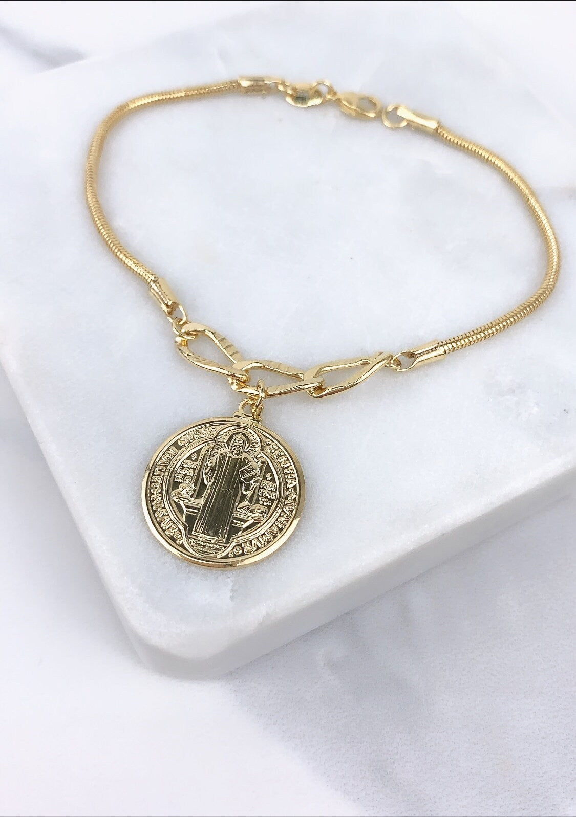 18k Gold Filled 8 inches Snake Chain Saint Benedict Coin Charm Chain Link, Bracelet  For Wholesale and Jewelry Supplies