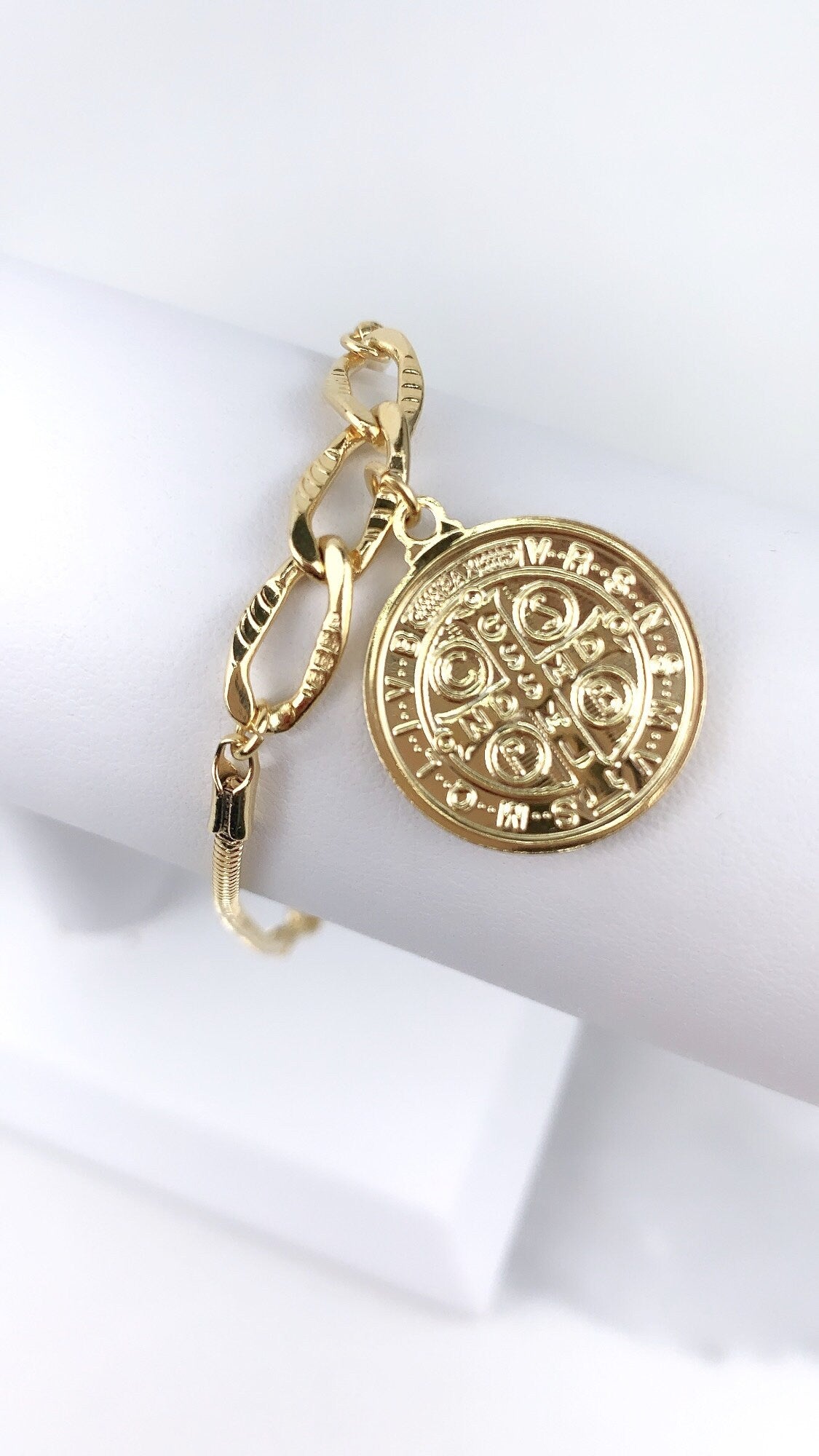 18k Gold Filled 8 inches Snake Chain Saint Benedict Coin Charm Chain Link, Bracelet  For Wholesale and Jewelry Supplies