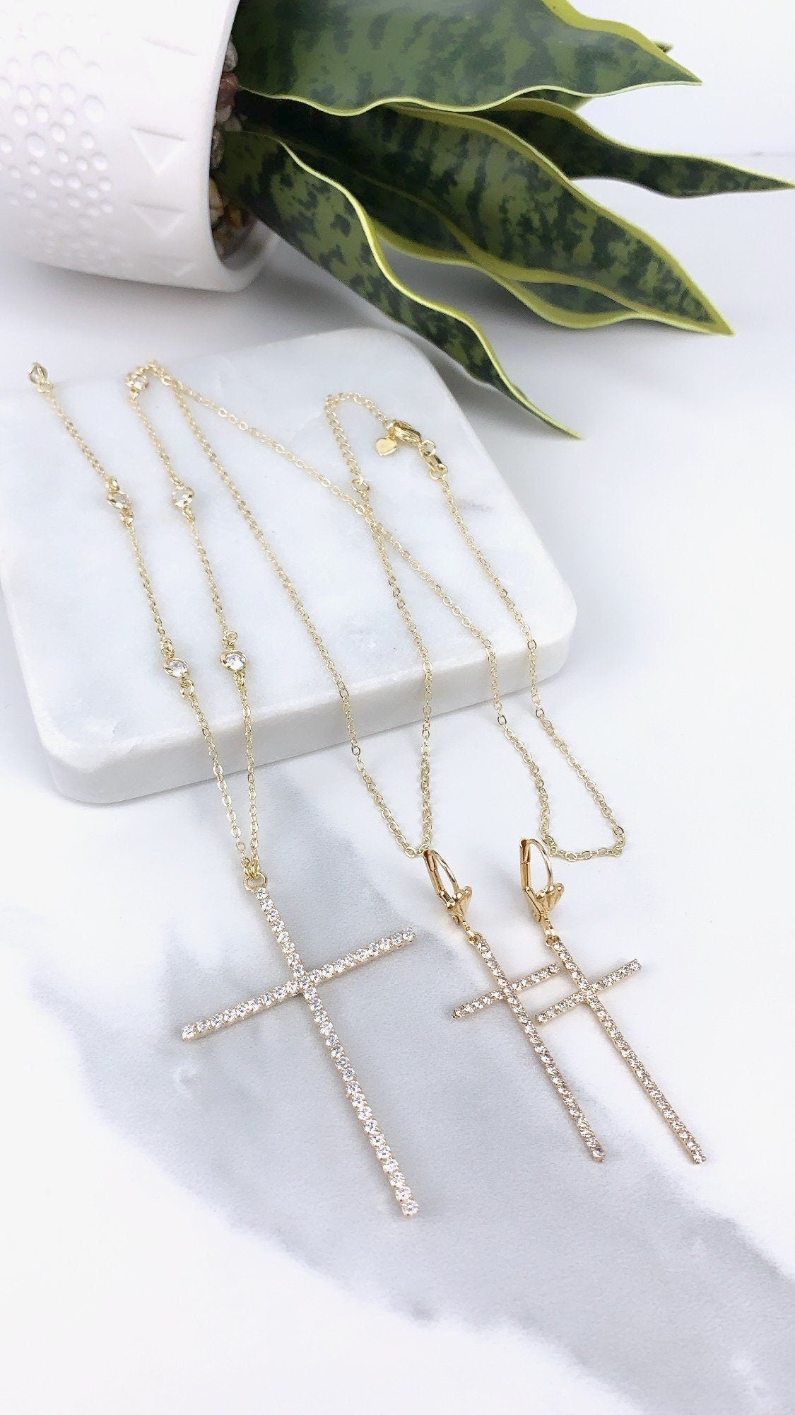 18k Gold Filled Paperclip Chain with Clear Cubic Zirconia Cross Shape Necklace or Earrings, Jewelry Sets, Wholesale Jewelry Making Supplies