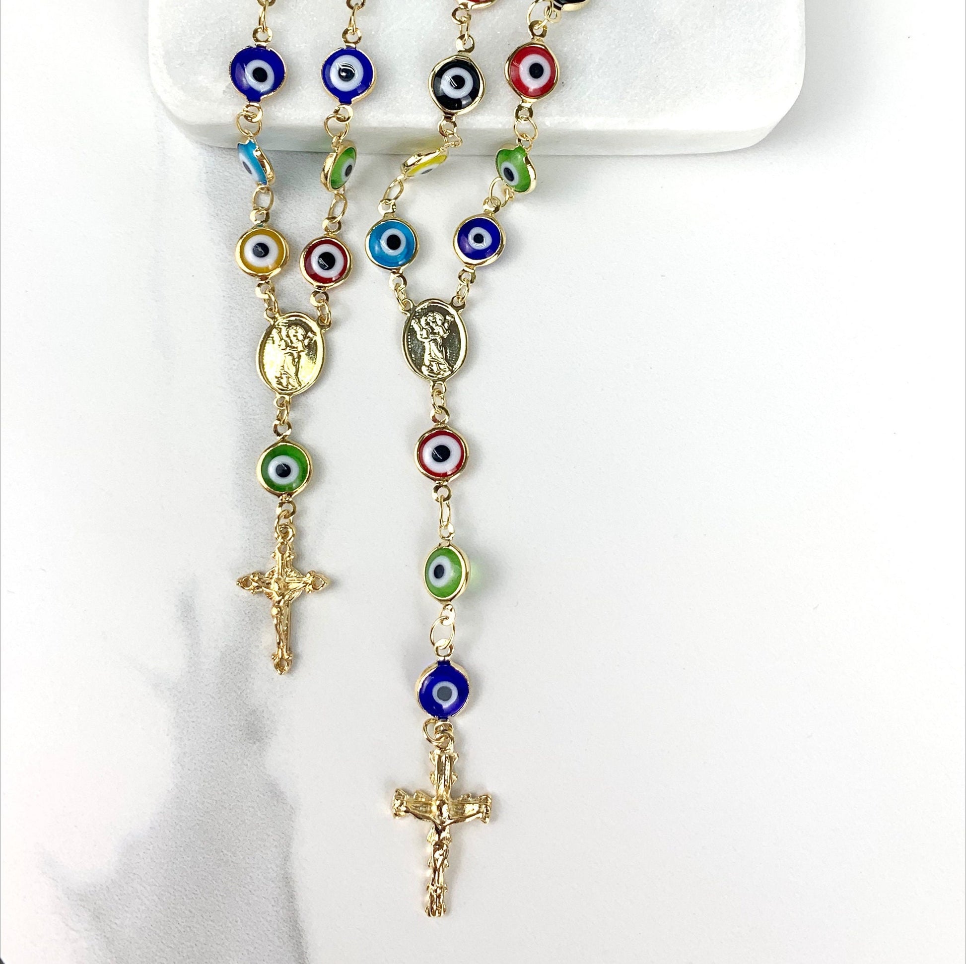 18k Gold Filled Colorful Colored Greek Evil Eye with Divine Child Rosary or Bracelet, Religious & Protection Jewelry, Wholesale Jewelry