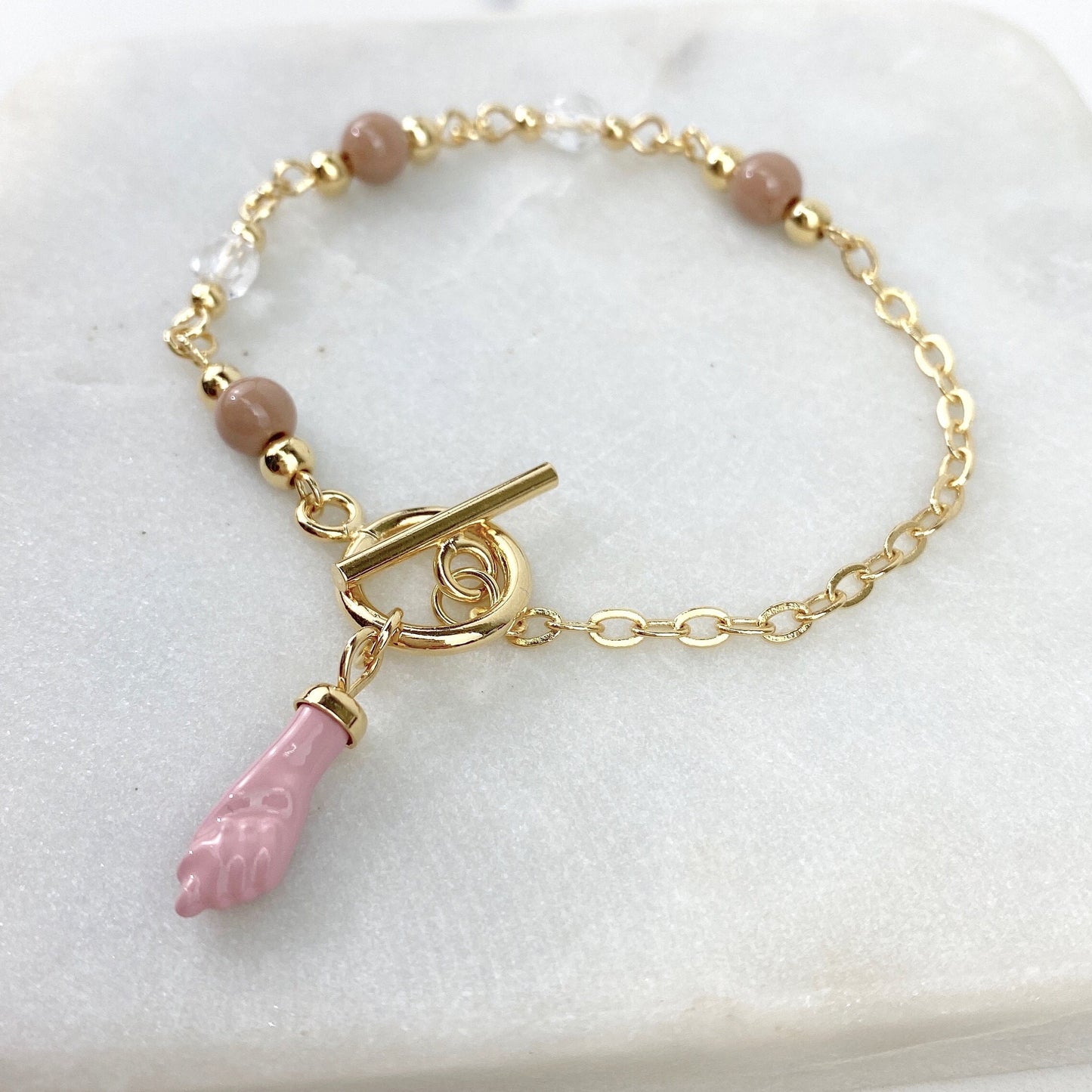 18k Gold Filled Beige Beads and Pink Hand Charm Bracelets Featuring Toggle Clasp And Link Chain Wholesale Jewelry Supplies