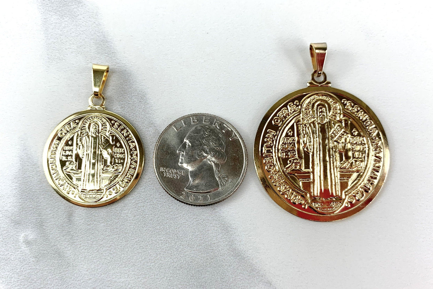 18k Gold Filled San Benito Coin, 2 Sided Round Pendant Charms, Reversible San Benito, Catholic Jewelry, for Wholesale and Jewelry Supplies