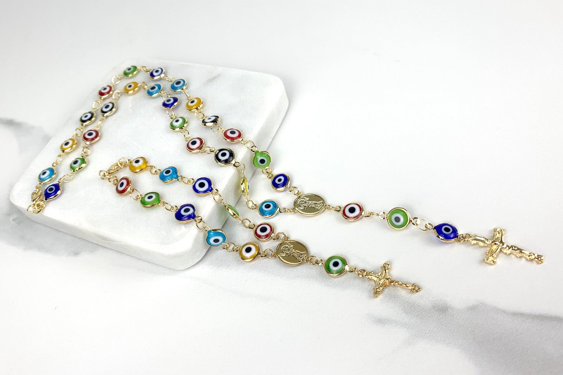 18k Gold Filled Colorful Colored Greek Evil Eye with Divine Child Rosary or Bracelet, Religious & Protection Jewelry, Wholesale Jewelry