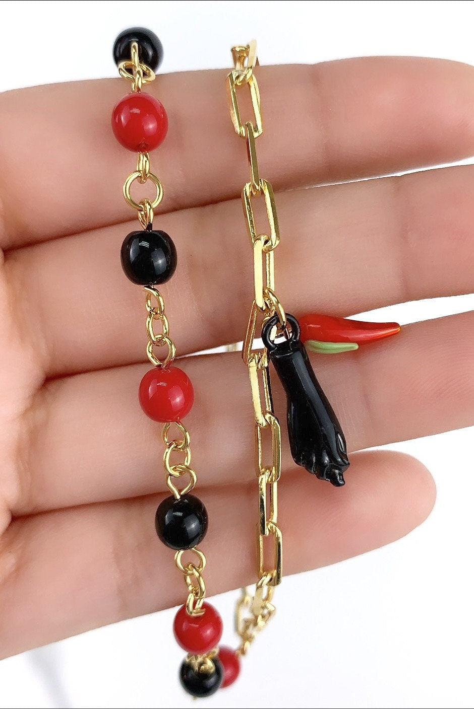 18k Gold Filled Paper Clip Link and Black & Red Beads, Double Chain, Figa Hand Chili Charm Bracelet, Wholesale and Jewelry Supplies