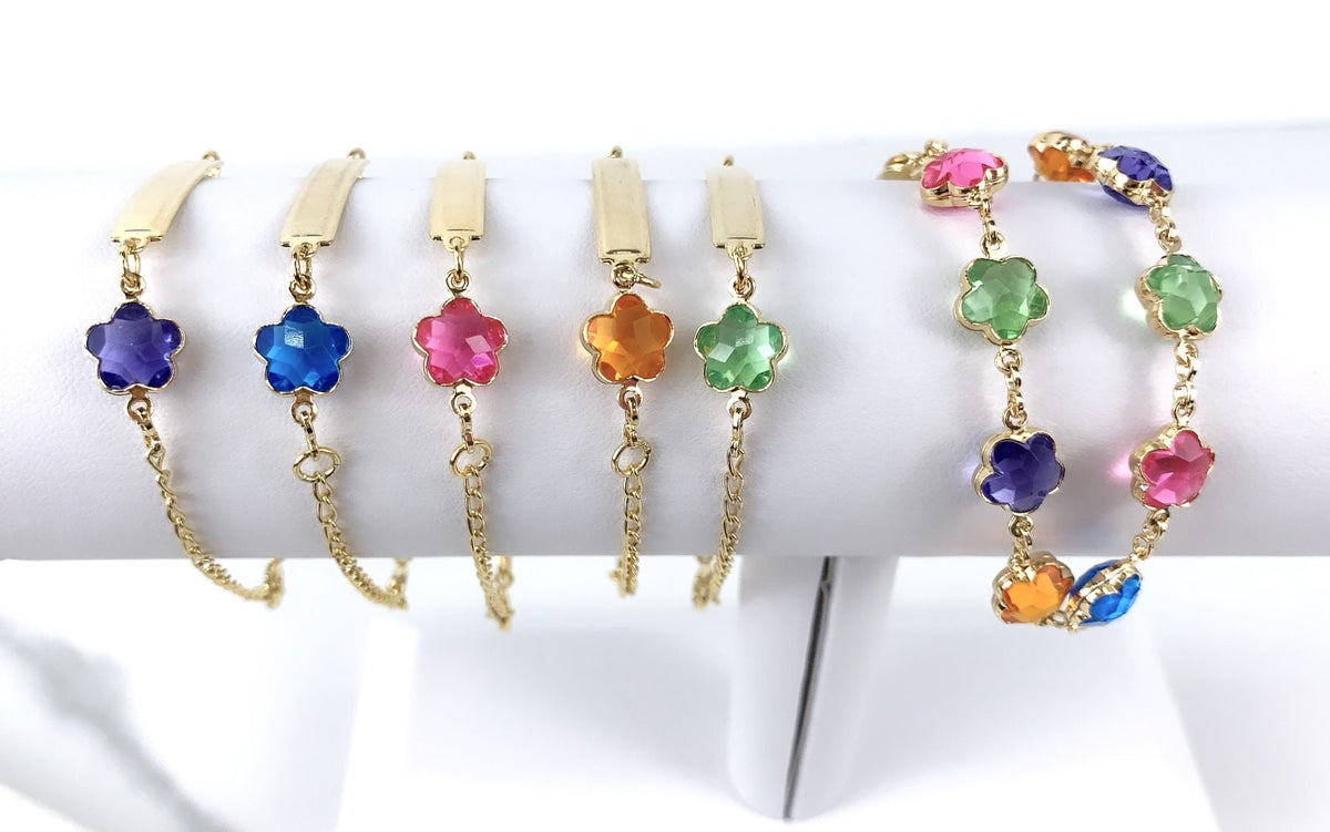 Mommy and Me Matching Jewelry | 18k Gold Filled Curb Link Colored Flower Kids Bracelet or Colored Mother Bracelet Wholesale Jewelry Supplies