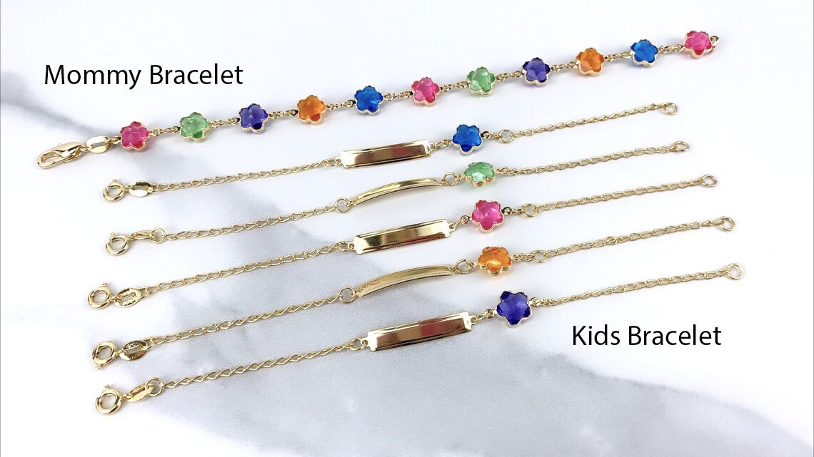 Mommy and Me Matching Jewelry | 18k Gold Filled Curb Link Colored Flower Kids Bracelet or Colored Mother Bracelet Wholesale Jewelry Supplies