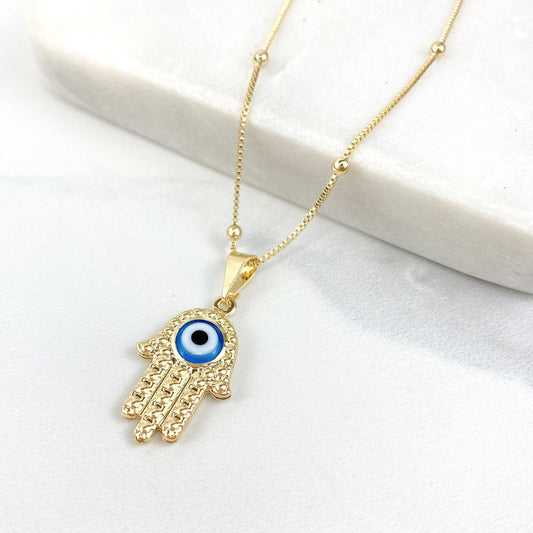 18k Gold Filled Hamsa Pendant Necklace Featuring Center Blue Evil Eye Wholesale Jewelry Supplies