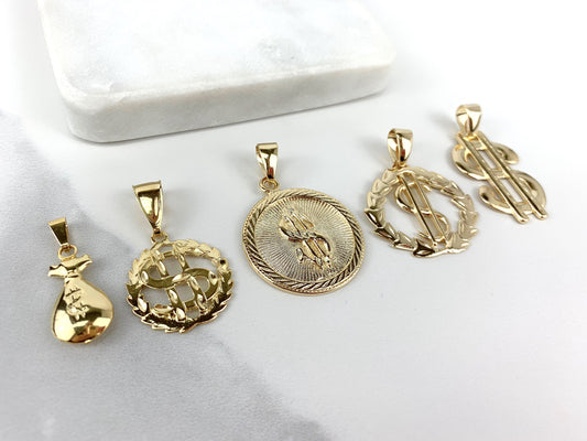 18k Gold Filled Money Coin, Bag Money, Circles Money & Sign of Money of 1.2'' to 1.8'' Charms Pendants, Wholesale Jewelry Making Supplies