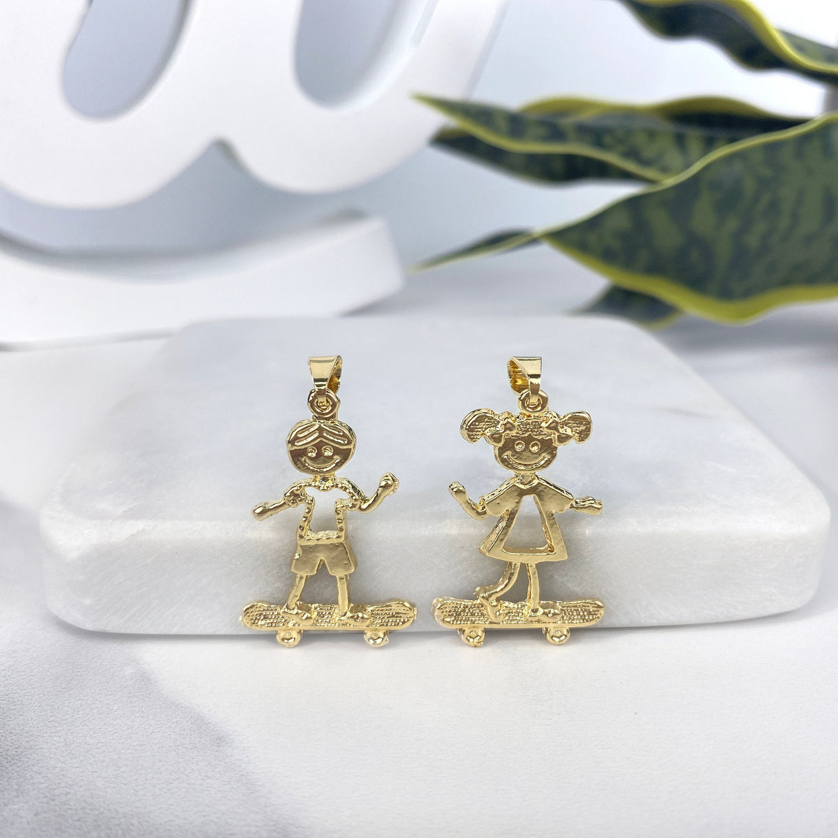 18k Gold Filled Kids Boy or Girl on Skateboard, Charms Pendant, Gold or Silver, Wholesale Jewelry Making Supplies Family Jewelry for Mother
