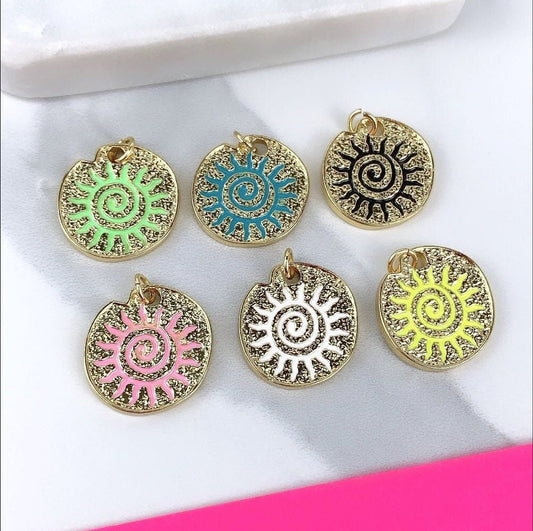 18k Gold Filled Rough Texture Charm Featuring Colorful Enamel Native American Sun Design Pendant Wholesale Jewelry Making Supplies