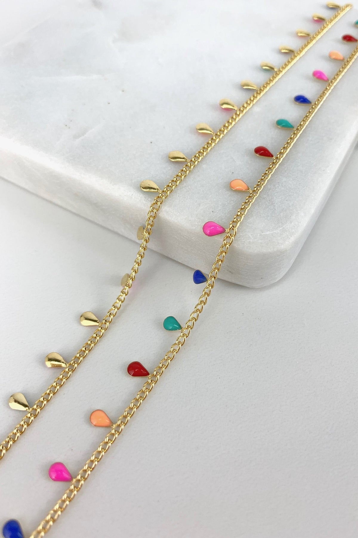 18k Gold Filled Curb Link Chain Featuring Enamel Multicolored Teardrop Fringe Necklace, Bracelet or Anklet Wholesale Jewelry Supplies