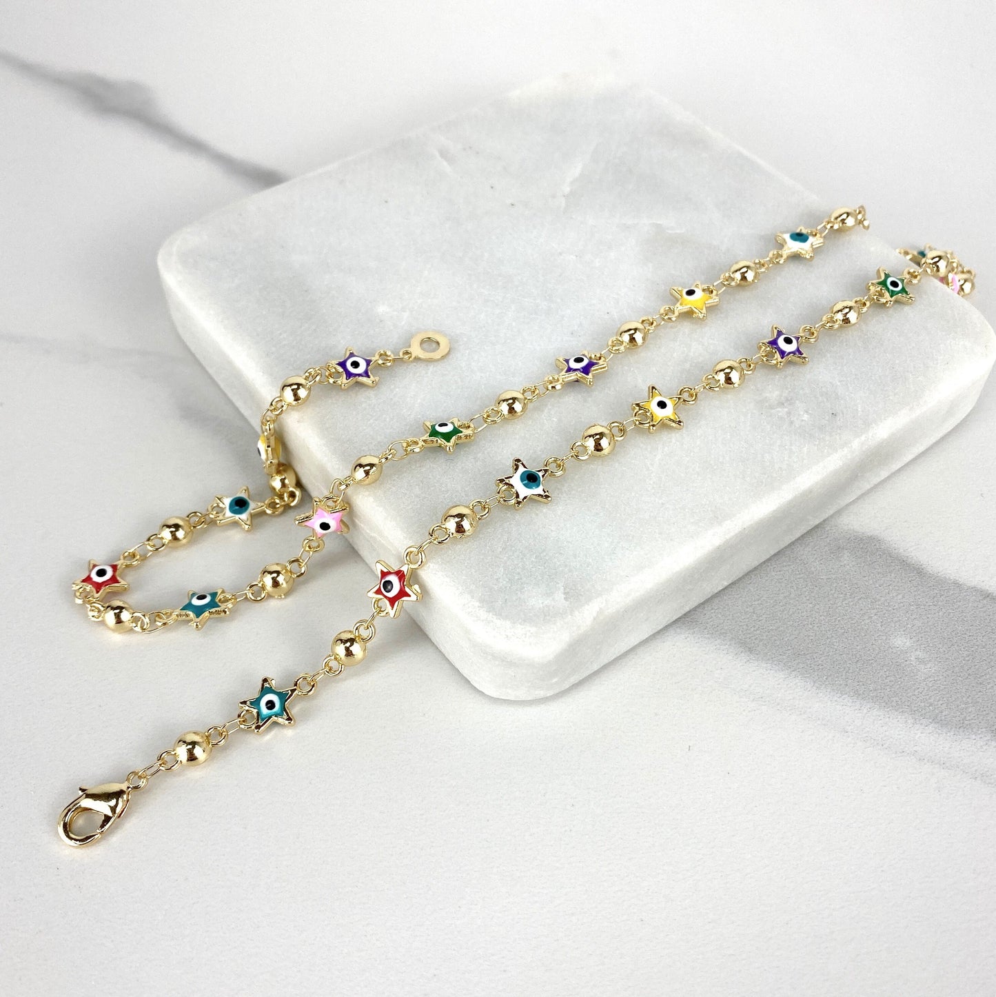 18k Gold Filled Bead Link Chain Featuring Colorful Enamel Evil Eyes Stars Necklace Wholesale Jewelry Supplies