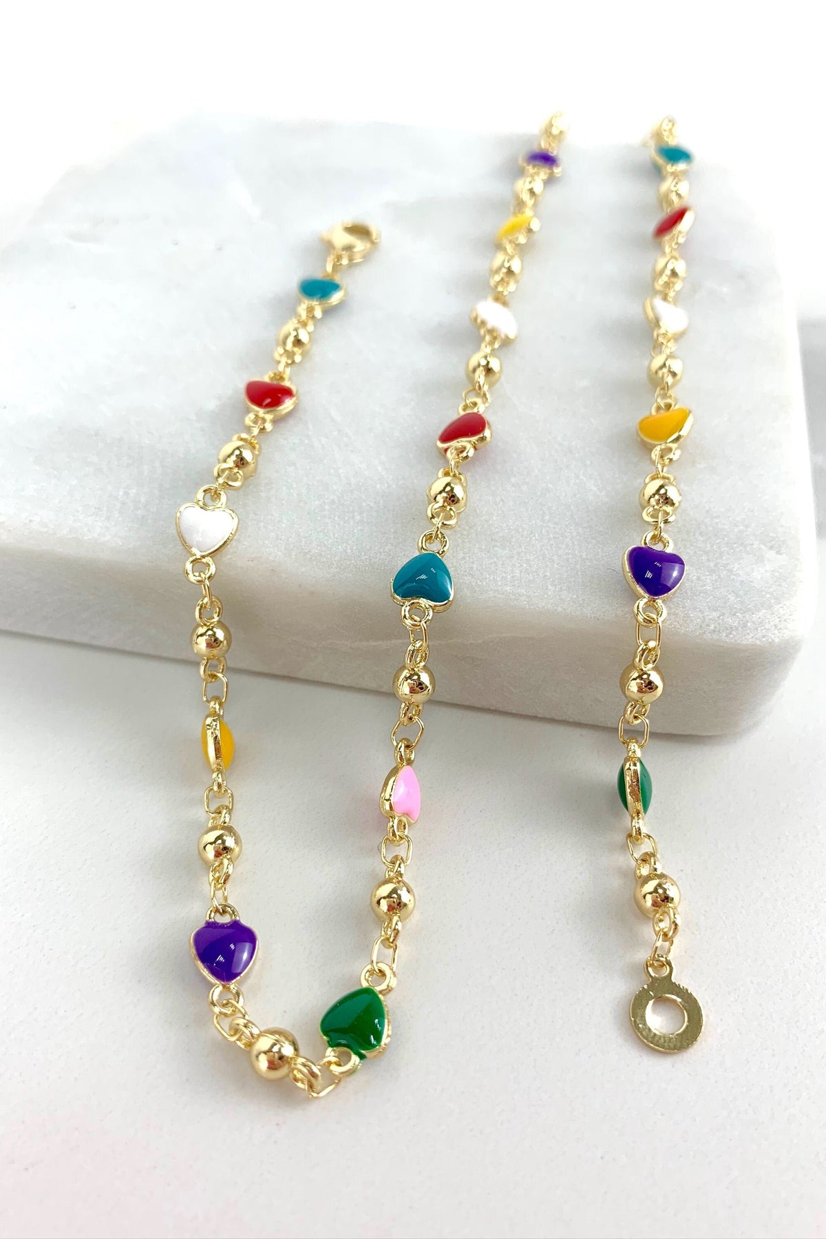 18k Gold Filled Bead Link Chain Featuring Colorful Enamel Hearts Necklace Wholesale Jewelry Supplies
