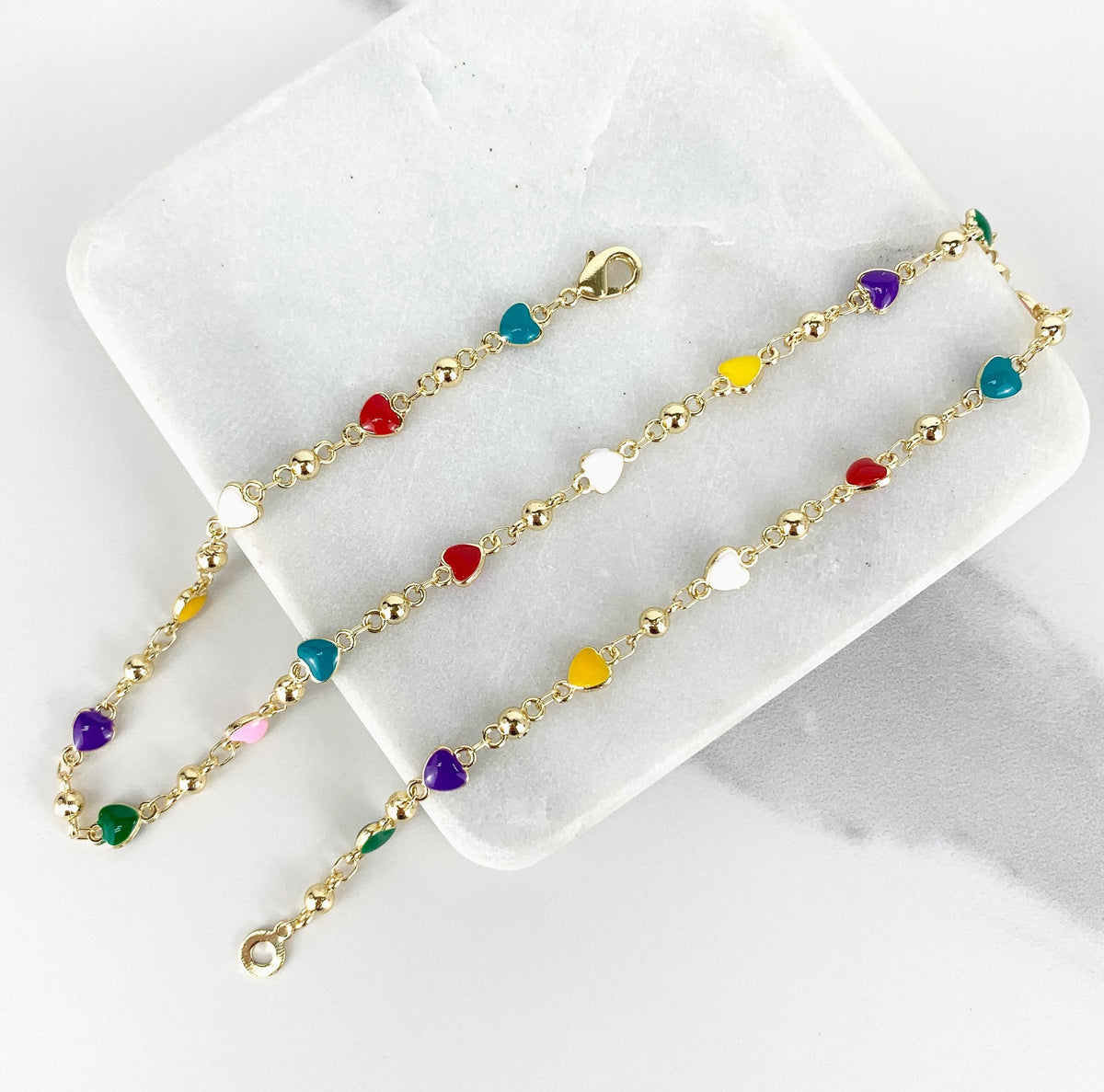 18k Gold Filled Bead Link Chain Featuring Colorful Enamel Hearts Necklace Wholesale Jewelry Supplies