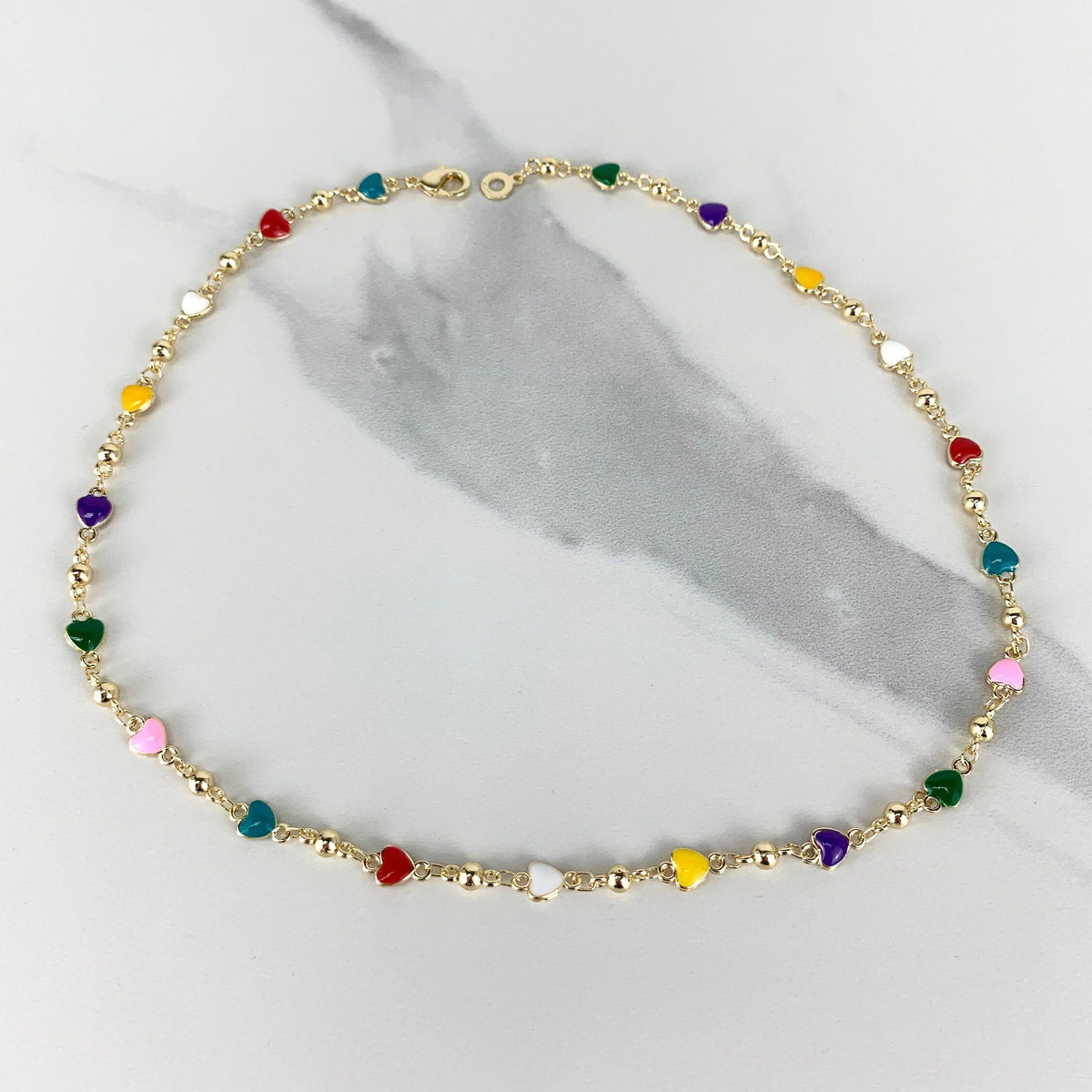 18k Gold Filled Bead Link Chain Featuring Colorful Enamel Hearts Necklace Wholesale Jewelry Supplies